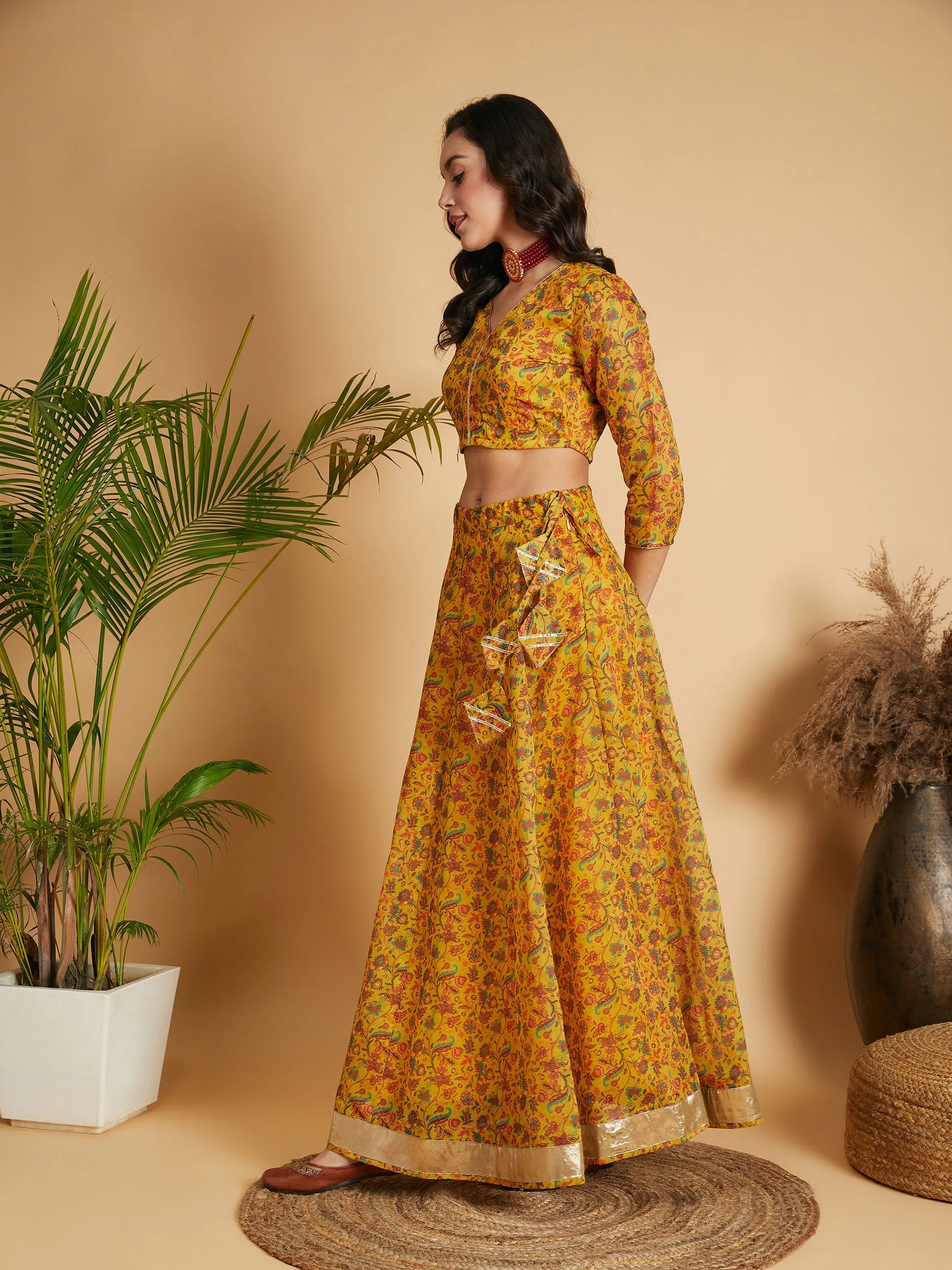 Women Mustard Floral Anarkali Skirt With Crop Top