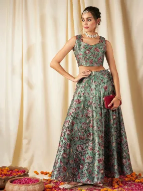 Women Olive Floral Anarkali Skirt With Crop Top