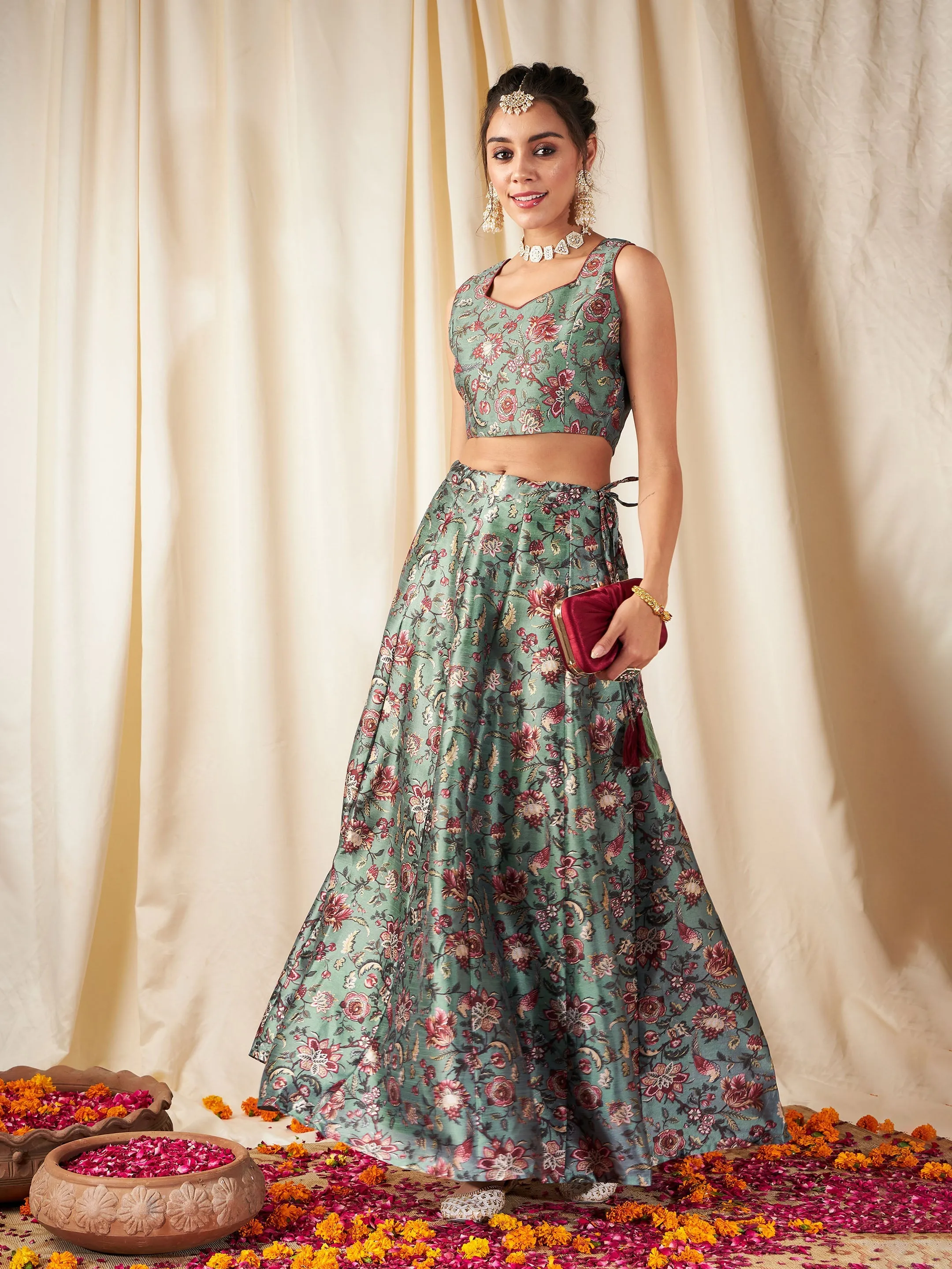 Women Olive Floral Anarkali Skirt With Crop Top