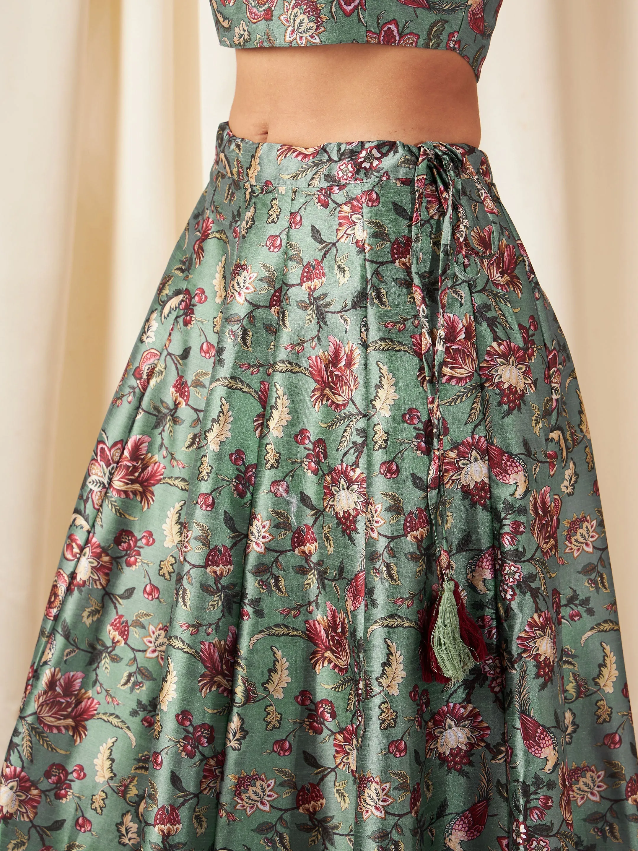 Women Olive Floral Anarkali Skirt With Crop Top