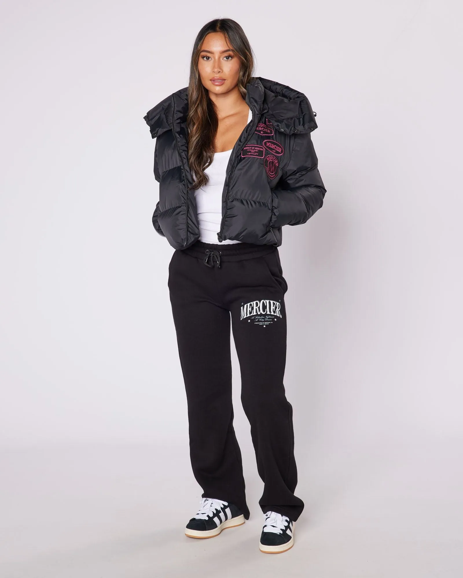 Womens Black/Pink Cropped Puffer