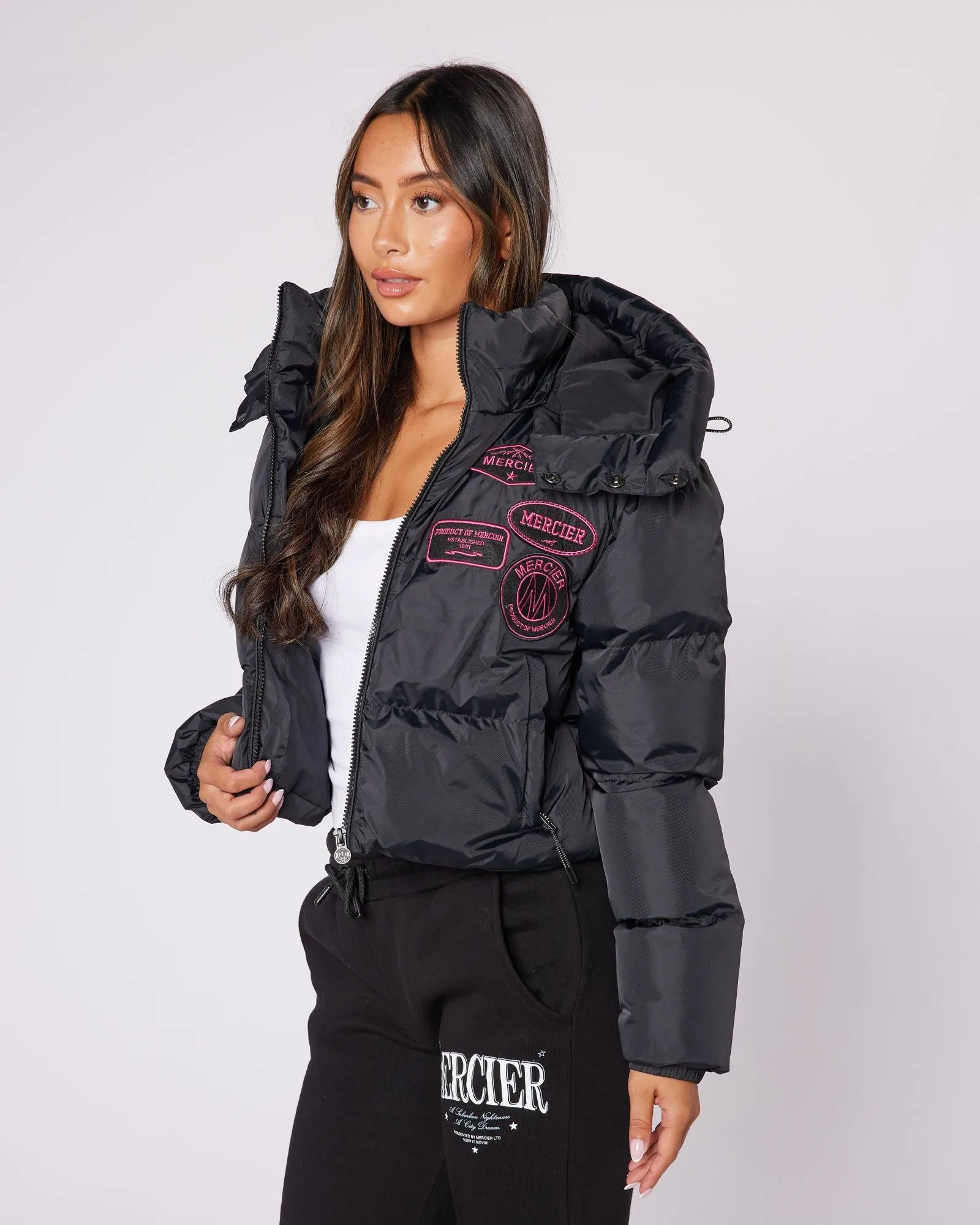 Womens Black/Pink Cropped Puffer