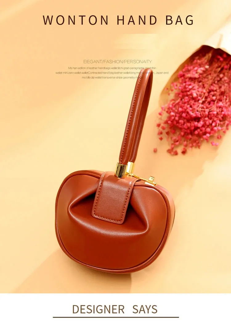 Women's Genuine Cow Leather Small Round Dumpling Wrist Handbag