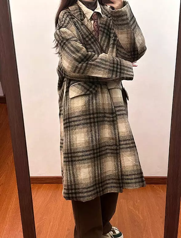 Womens plaid woolen cotton coat women's winter thickened lazy style coat knee-length cotton coat