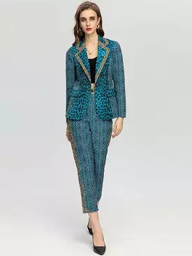 Women's Vintage Blue Leopard Jacket Coat + High waist Pants 2 Piece Suit