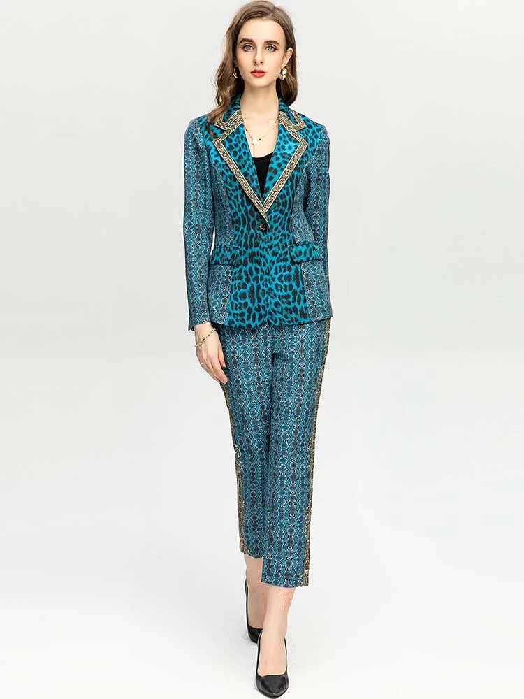 Women's Vintage Blue Leopard Jacket Coat + High waist Pants 2 Piece Suit