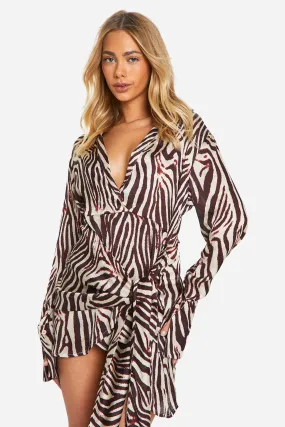 Zebra Satin Wrap Skirt Shirt Dress