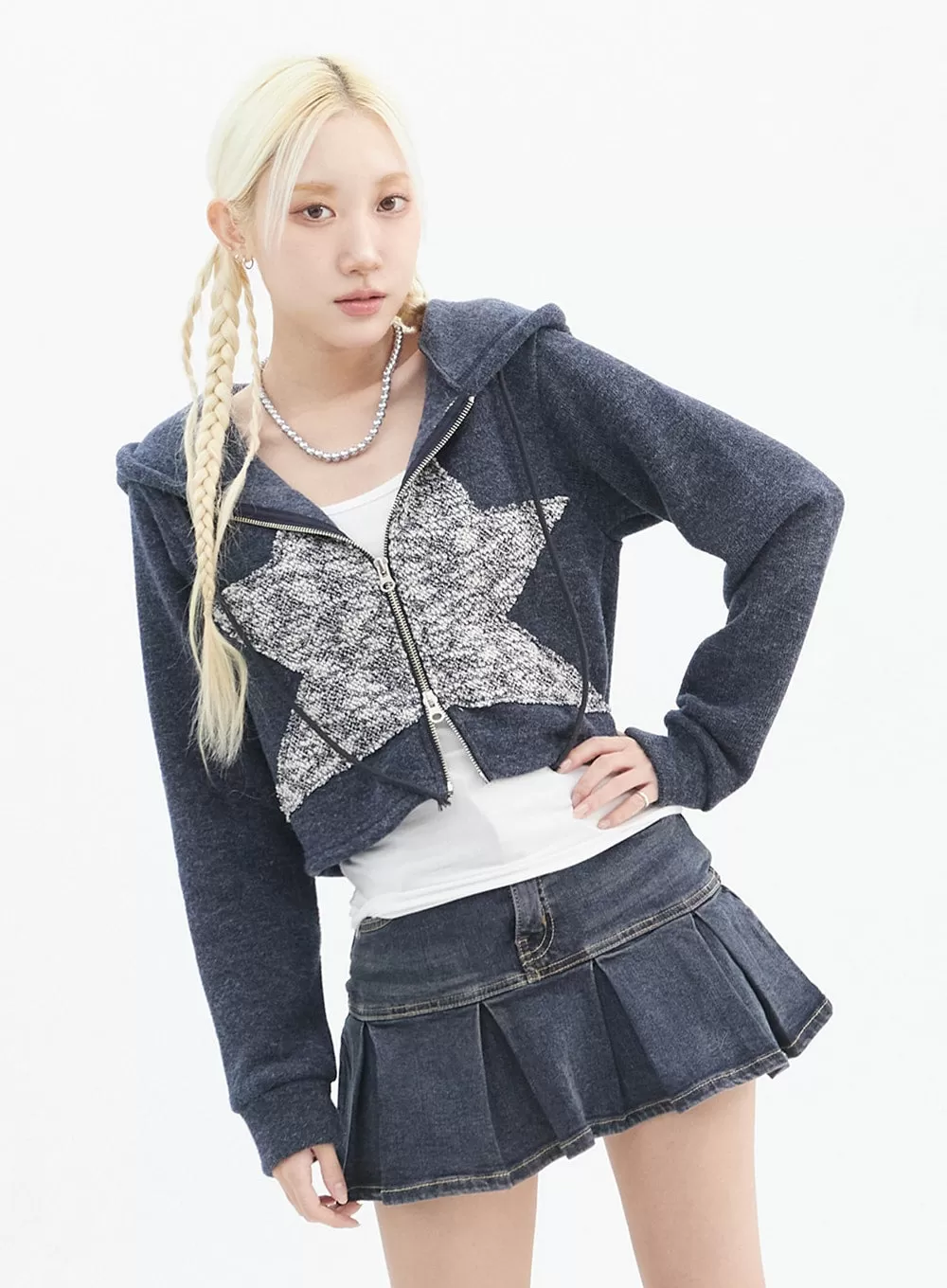 Zip Up Star Graphic Crop Hoodie IN327